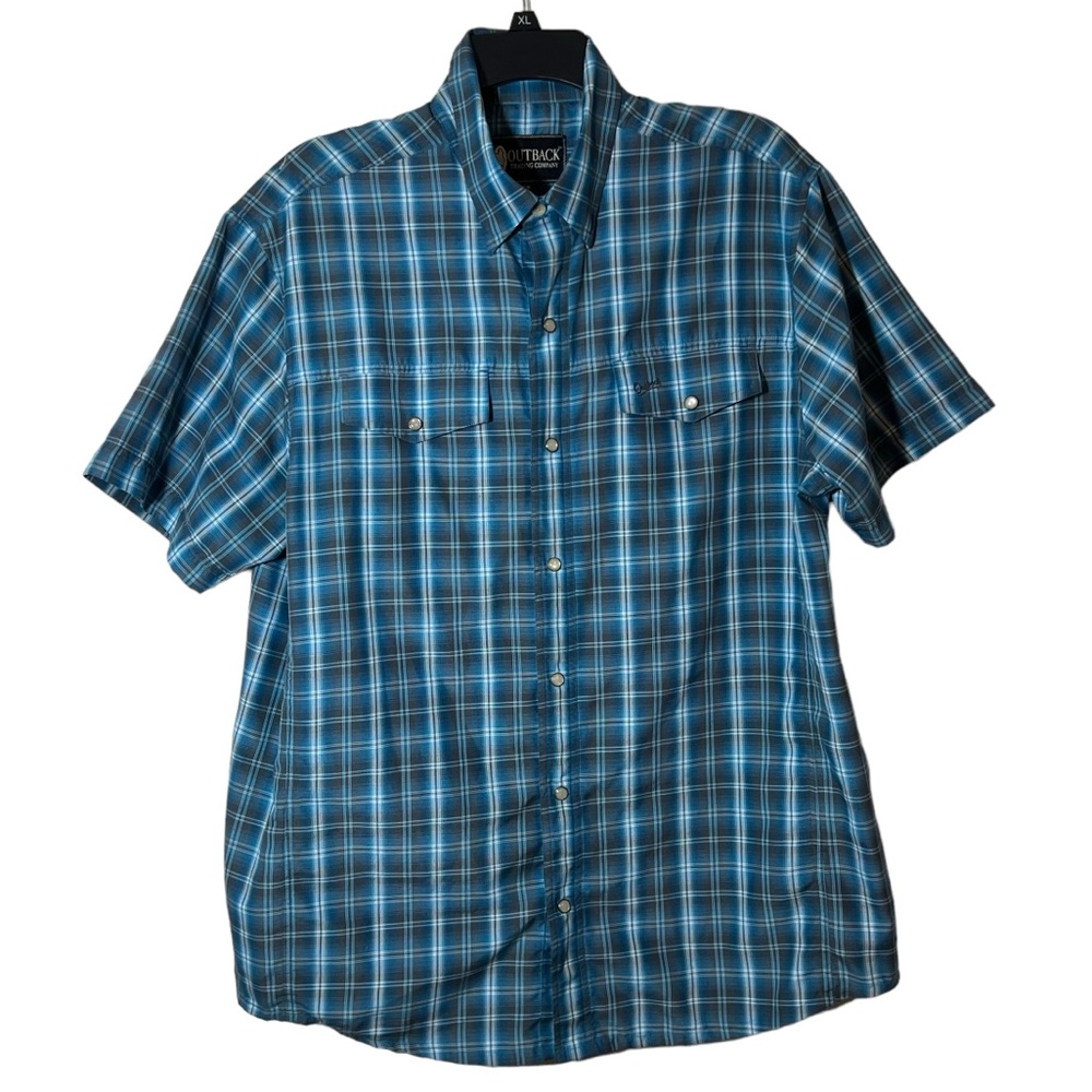 Outback Trading Company Pearl Snap Button Up Shirt Blue Plaid Mens Large